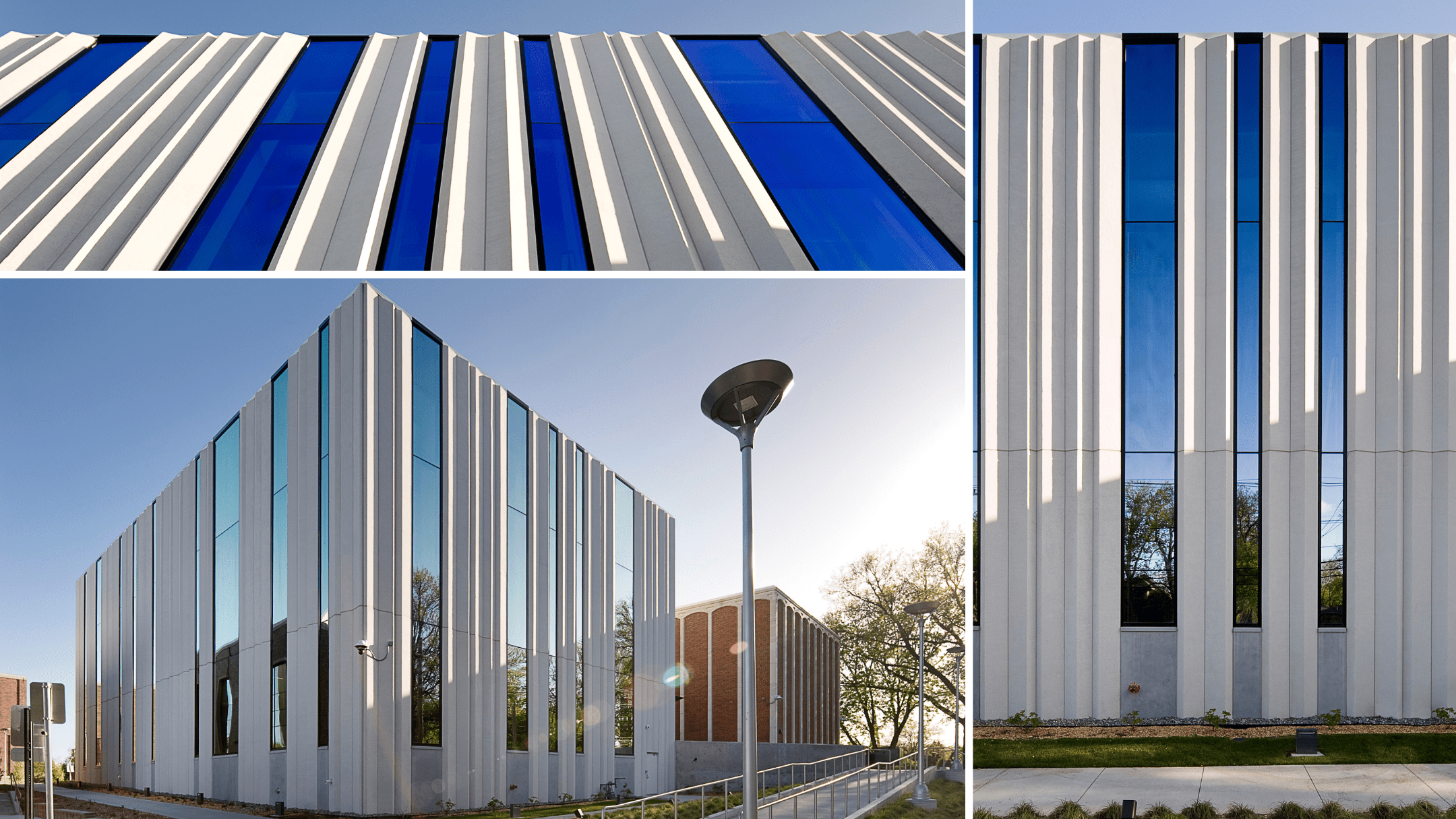 White vertical precast panels on music center addition facade combine with glass windows