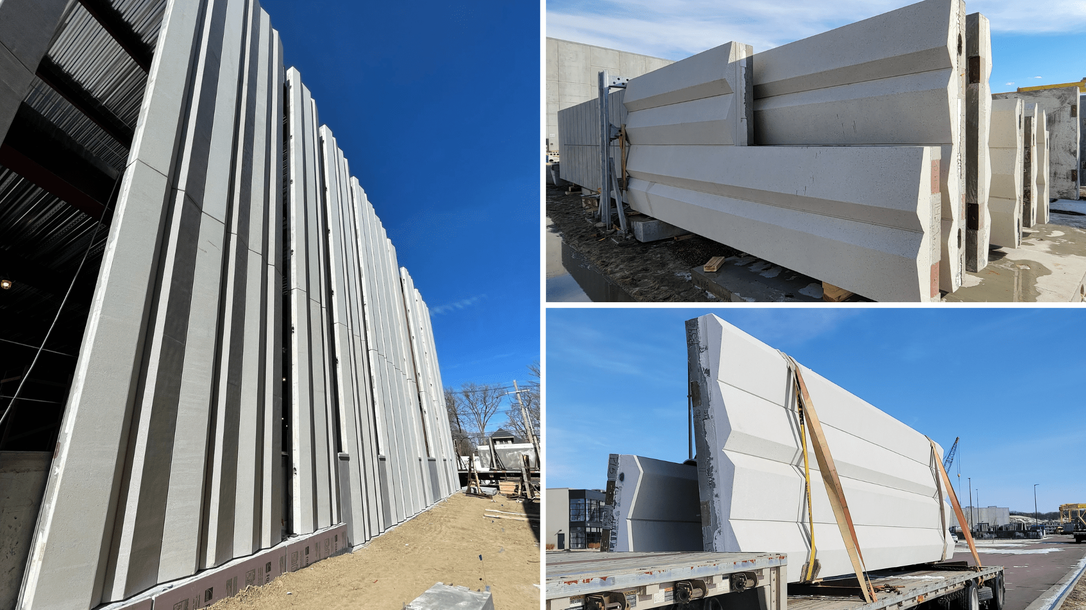 Precast concrete pieces storage, ready for shipment, and being erected on the jobsite